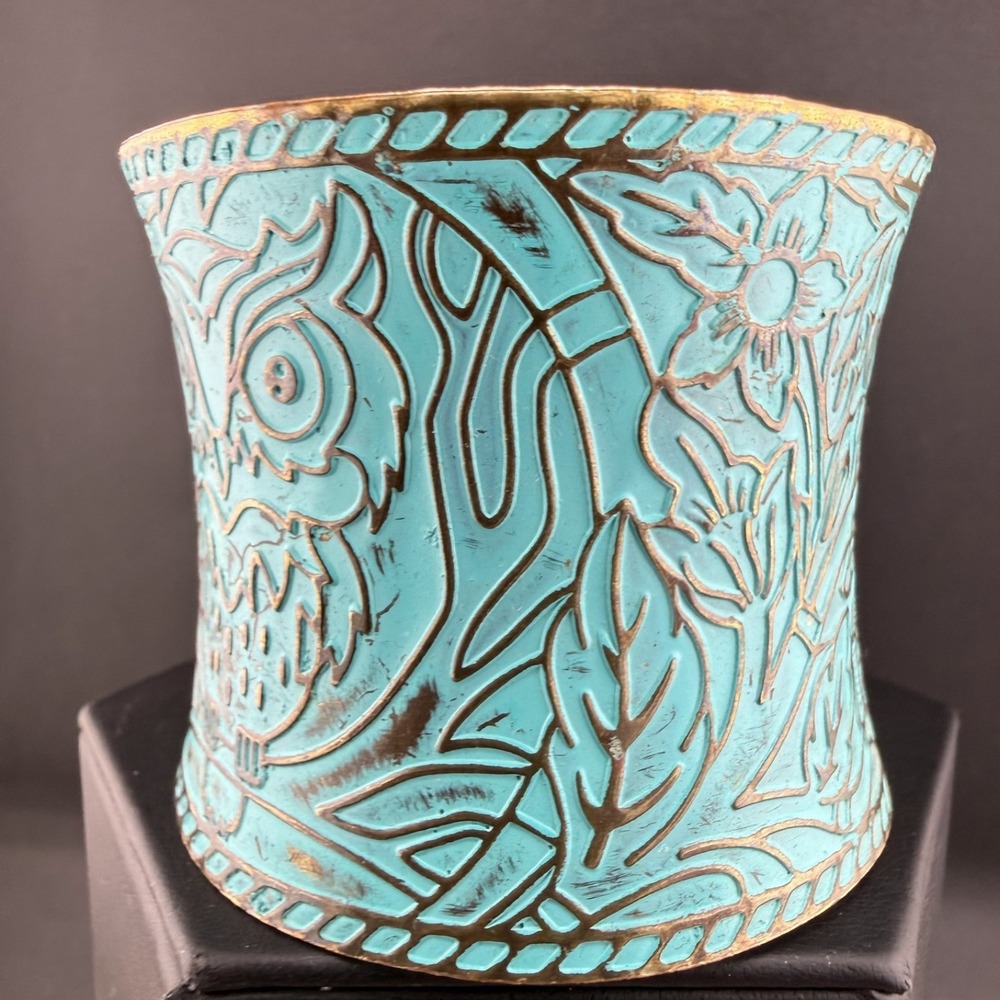 Wide Cuff Turquoise Patina Owl Cuff Bracelet - Picture 3 of 8